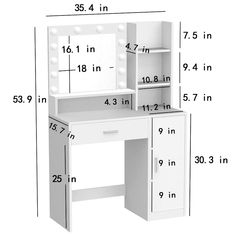 a white vanity with lights on it and measurements for the top drawer, bottom shelf