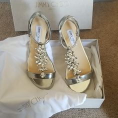 Never Worn. New In Box. Luxury Almond Toe Sandals For Galas, Luxury Silver Low Heel Sandals, Leather Almond Toe Sandals For Wedding, Luxury Leather Sandals For Wedding, Designer Formal Sandals With Almond Toe, Designer Closed Toe Wedding Sandals, Leather Wedding Shoes With Removable Insole, Leather Wedding Shoes With Removable Insole And Open Heel, Designer Wedding Sandals With Round Toe