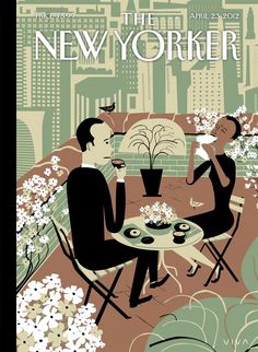 an advertisement for the new yorker magazine featuring two people sitting at a table with flowers in front of them