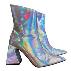 Public Desire Women's Kenzie Holographic Pu Pointed Toe Block Heel Ankle Boots - Blue - Fits Like 6.5/7 - Says Uk Size 5. "These Boots Have A Patent Holographic Vegan Leather Construction, A Pointed Toe Design, Block Heels, And Side Zipper Closures. Materials - Man Made" Never Worn, Bought From Dollskill. - I Picked Sz 7 Online And It Said Sz 5 On Them When I Got Them :) I Added Measurements As Well! - Please Check Photos / Videos Since They Are Part Of My Description Pink Knee High Boots, Holographic Boots, Black Sock Boots, Sock Ankle Boots, Public Desire Shoes, Metallic Boots, Footwear Fashion, Tall Brown Boots, Snakeskin Boots