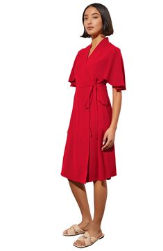 A wrap waistline accentuates your figure in a butterfly-sleeve dress crafted from airy crêpe de Chine. 38" length Surplice V-neck Short sleeves 100% polyester Machine or hand wash, dry flat Imported Summer Viscose Wrap Dress With Surplice Neckline, Formal Flowy V-neck Wrap Dress, Flowy V-neck Wrap Dress For Evening, Flowy V-neck Evening Wrap Dress, Flowy Wrap Dress For Evening, Summer Formal Midi Dress With Faux Wrap, Red Short Sleeve Dress With Tie Waist, Summer Formal Faux Wrap Midi Dress, Formal Summer Midi Dress With Faux Wrap