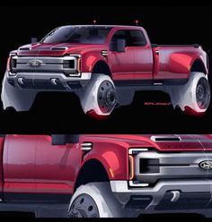 the red pickup truck is shown in two different views