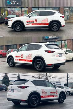 three different cars parked next to each other in front of a building with advertisements on them