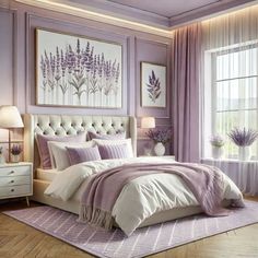 a bedroom with purple walls and white furniture