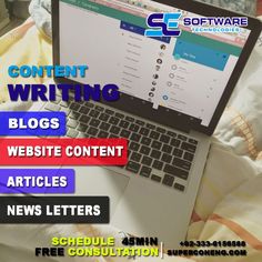 a laptop computer sitting on top of a bed next to a white sheet with the words content writing blogs website content articles news letters