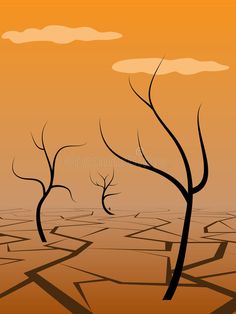 two bare trees in the desert at sunset royalty illustration