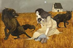 a woman kneeling down next to two black dogs in a field with a house in the background