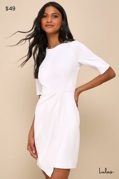 Sass and class come together perfectly with the Lulus Westwood White Half Sleeve Sheath Dress! Ponte knit shapes this perfect-for-work dress with half sleeves, crew neckline, and princess-seamed bodice. Fitted waist tops a flattering sheath skirt with front pleats and overlapping hem. Hidden back zipper/clasp. Fit: This garment fits true to size. Length: Mid-thigh. Size medium measures 38" from shoulder to hem. Bust: Great for any cup size. Waist: Fitted - stretchy fabric allows custom fit. Hip: Lulus White Dress, Mid Thigh Dress, White Sheath Dress, Bridal Shower Outfit, Sheath Skirt, Asymmetrical Midi Dress, Professional Dress, Lulus Dresses