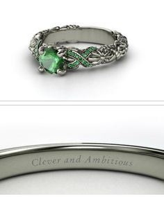 two different views of an engagement ring with green stones and leaves on the side, one is