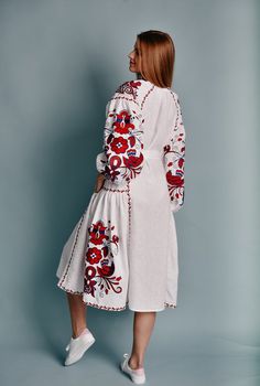 Embroidered linen dress has a straight, free cut. With the help of a passe that is attached to the dress, you can successfully emphasize waist. The dress has two side pockets. High-quality, linen fabric is pleasant to the touch. The linen dress is the perfect clothes for hot weather. Embroidery symbol: "Tree of life"" - symbolizes the continuity of the genus and life. Roots - symbolizes the world of ancestors, which protects the genus. It is the roots that reflects the life of ancestors, without Traditional Linen Embroidered Dress For Summer, Traditional Embroidered Linen Dress For Summer, Traditional Linen Summer Dress, Traditional Summer Linen Dress, Folk Style Embroidered Dress With Embroidered Sleeves For Spring, Spring Folk Embroidered Dress With Embroidered Sleeves, Traditional Embroidered Linen Dress, Traditional Linen Dress With Floral Embroidery, Embroidered Long Sleeve Linen Dress For Spring