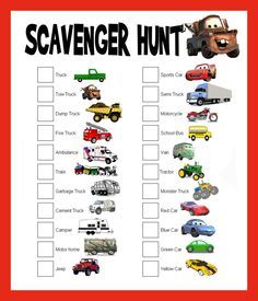 a printable scavenger hunt with cars and trucks on the front, in red frame