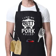 a man wearing an apron and cooking utensils with the words'once you put my meat in your mouth, you're going to swallow '