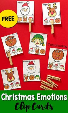 christmas emotions clip cards on a red background with free printables for kids to color