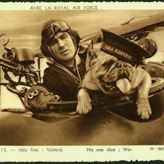 an old photo of a man with a dog on his lap in front of a plane