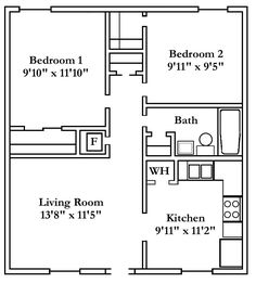 the floor plan for a two bedroom apartment with an attached kitchen and living room area