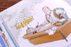 an open children's book showing a man working on a desk with a kite in the sky