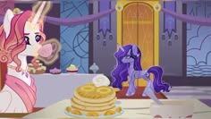 the princess and her pony are eating pancakes together in front of a table with a cake on it