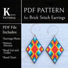 a pair of earrings with colorful squares on them and the words pattern for brick stitch earrings