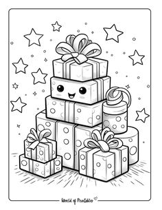 a coloring page with presents stacked on top of each other and stars in the background