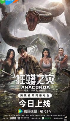 the poster for the movie anagonda, starring in chinese and english characters with large snakes