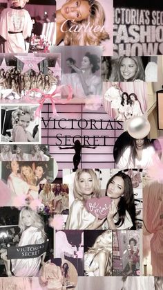 the collage shows many different pictures and words in pink, white and black colors