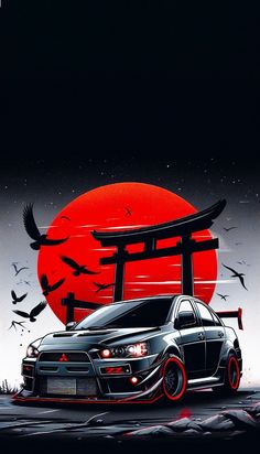 a black car parked in front of a red sun with birds flying around the scene