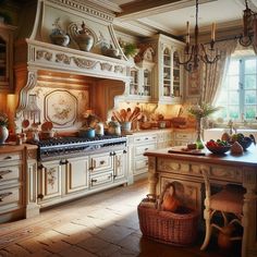 a large kitchen with an island in the middle and lots of cupboards on both sides