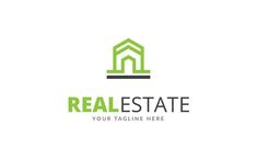 the real estate logo is green and has a house on it's side, as well as an arrow