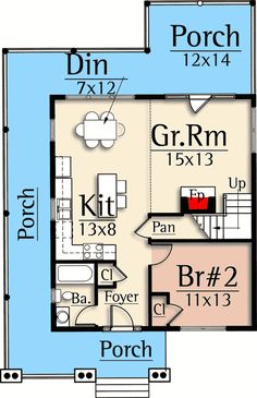 the floor plan for a two story house with an attached kitchen and living room area