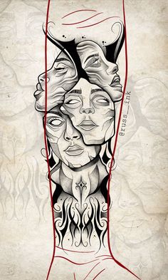 an artistic tattoo design on the side of a woman's body, with two faces and