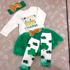 New! Great For St.Patriks Day Celebration! Dress Your Lil One Irish N' Proud! Fits 6 - 12 Months. Includes Ruffled Leg Warmers, Long Sleeve Tee, Skirt And Matching Headband. Glitter. Green, Gold N White. White Long Sleeve Sets For First Birthday, White Long Sleeve Set For First Birthday, Cute Green Playtime Sets, Playful White Sets For First Birthday, Cute White First Birthday Sets, Celebration Dress, Owl Costume, Gap Kids Boys, Baby Cardigan Pattern