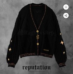 a black cardigan with gold stars on it and the words repattion written below