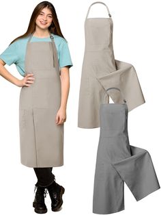 a woman standing next to an apron and pants