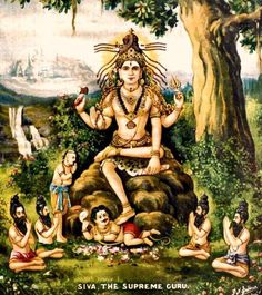 an image of the hindu god sitting on top of a rock surrounded by other people