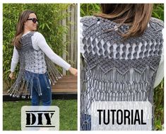 a woman is wearing a crocheted vest with fringes on it and the words diy written in black