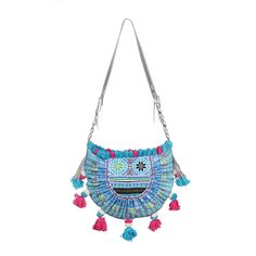 "A gorgeous crossbody bag handmade in Thailand. This bag made with Hmong tribes embroidery, silver metallic leather is the perfect boho bag for every occasion. We buy materials from the Hmong market and we design and sew by hand. Some of the bags we modify to improve the product. The Hmong tribes live in the North of Thailand and have origins from the Tibetan area of China. N.B. YOU MAY NOT RECEIVE THE EXACT BAG PICTURED HERE, AS THE FABRIC DESIGN MAY VARY SLIGHTLY FROM BAG TO BAG. THE EMBROIDER Daily Use Pouch Bag With Tassels, Multicolor Embroidered Shoulder Bag With Adjustable Strap For Everyday, Embroidered Bucket Shoulder Bag For Travel, Embroidered Shoulder Bucket Bag For Travel, Bohemian Crossbody Bucket Bag For Festivals, Bohemian Festival Crossbody Bucket Bag, Multicolor Embroidered Crossbody Shoulder Bag With Adjustable Strap, Blue Tote Hobo Bag For Festivals, Handmade Blue Bohemian Hobo Bag