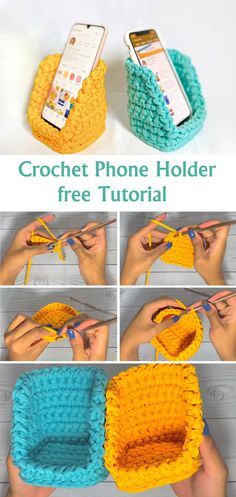 the crochet phone holder is made with yarn