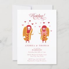 two hot dogs with hearts on them are in the middle of a wedding card