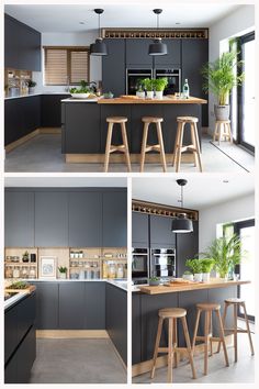 three pictures of the same kitchen with stools in front of the island and countertop