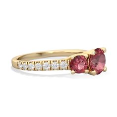 Set into an intricate 14K Yellow Gold trellis, the pink tourmaline and  of this Eternal Embrace engagement ring sit atop a band that is studded with {diamondcarats}. Her birthstone in the center, with his birthstone embracing it, create a unique, one-of-a-kind ring. Luxury Lab-created Ruby Jewelry With Diamond Accents, Luxury Pink Lab-created Ruby Rings, Luxury Yellow Gold Jewelry With Lab-created Ruby, Trellis Ring, Tourmaline Jewelry, Yellow Gold Setting, Ruby Jewelry, Tourmaline Ring, Ruby Ring