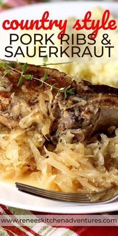 a white plate topped with meat and sauerkraut