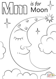 the letter m is for moon coloring page with stars and clouds in the night sky