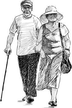 an elderly couple walking down the street with canes and hats on their heads, hand drawn