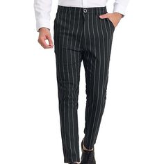 Season:Spring   Fall; Fabric:Cotton Blend; Gender:Men's; Style:Classic,Fashion; Elasticity:Micro-elastic; Occasion:Holiday,Daily,Going out,Streetwear; Fit Type:Regular Fit; Function:Comfort; Waistline:Mid Waist; Pattern:Stripe; Design:Pocket,Straight Leg; Pants Type:Chinos,Trousers,Jogger Pants; Fly Type:Zipper,Button; Front page:FF; Production mode:External procurement; Hips:; Length:; Waist: Slim Fit Black Summer Pants, Black Slim Fit Bottoms For Summer, Going Out Fashion, Chino Joggers, Pants Pocket, Daily Holidays, Trouser Pocket, Blue Khakis, Mens Chinos