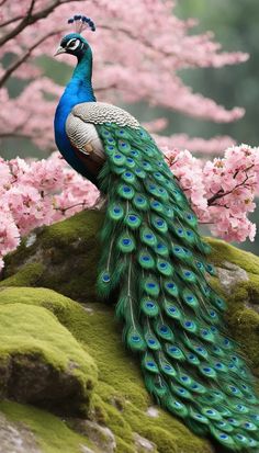 a peacock standing on top of a moss covered rock next to pink blossoming trees