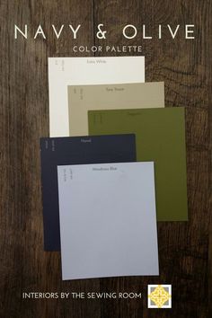 an image of the interior paint colors in navy and olive color palettes on wood