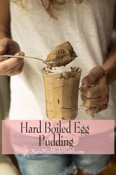 a person holding a spoon with some kind of pudding in it and text overlay that reads, hard boiled egg pudding