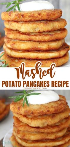 mashed potato pancakes are stacked on top of each other and topped with cream cheese