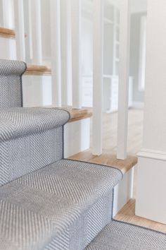 Blue Gray Flat Weave Wool Stair Runner Carpet The Carpet Workroom Boston Massachusetts Herringbone Stair Runner, Wool Stair Runner, Carpeted Stairs, Carpet Staircase, Staircase Runner, House Staircase, Hallway Designs