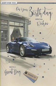 a birthday card with a blue sports car